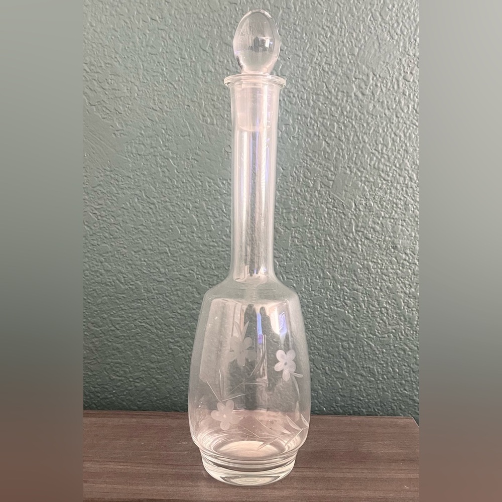 VTG Toscany Crystal Decanter Floral Etched With Stopper Mid Century Romania 16”T